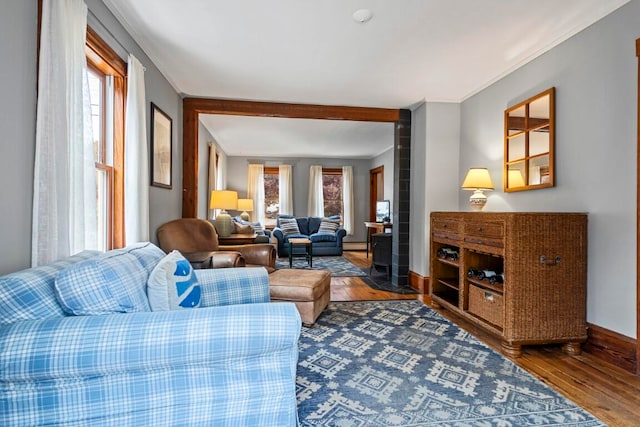 living room featuring ornamental molding, a baseboard radiator, and hardwood / wood-style flooring