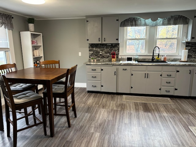 kitchen with a wealth of natural light, sink, decorative backsplash, and crown molding