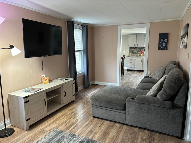 living room with light hardwood / wood-style floors and ornamental molding