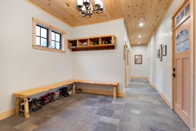 mudroom featuring wooden ceiling and a chandelier