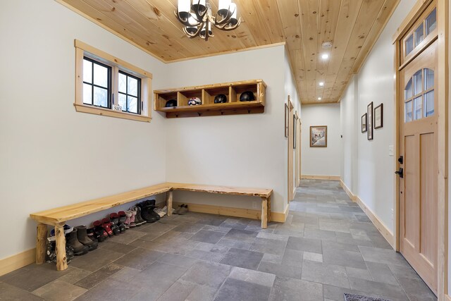 100 Morganite Way, Newry, ME 04261 - mudroom featuring a chandelier, recessed lighting, baseboards, stone tile flooring, and wooden ceiling
