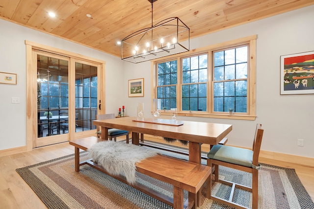 dining area featuring wooden ceiling, light hardwood / wood-style flooring, and a chandelier