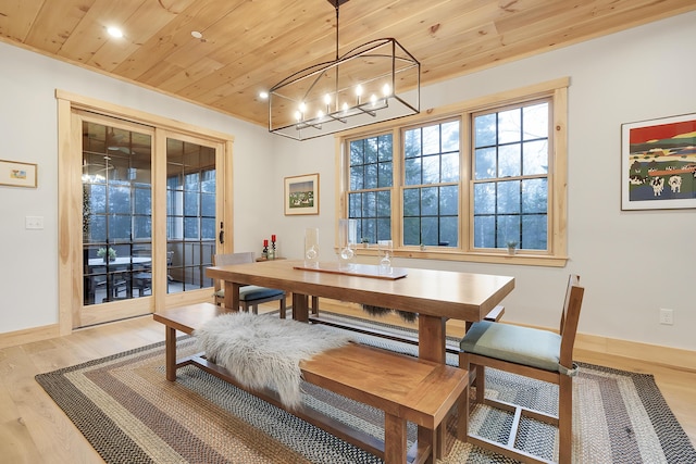 100 Morganite Way, Newry, ME 04261 - dining area featuring wooden ceiling, light wood finished floors, a chandelier, baseboards, and recessed lighting