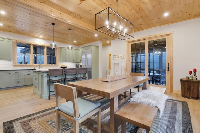 100 Morganite Way, Newry, ME 04261 - dining room featuring wooden ceiling, light wood-type flooring, recessed lighting, and a chandelier