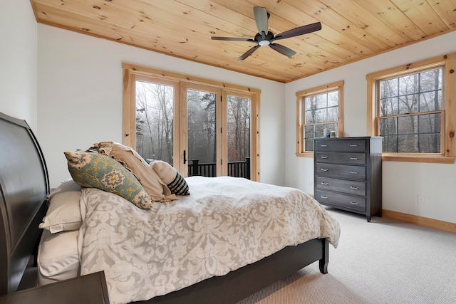 bedroom with wood ceiling, access to exterior, carpet floors, and ceiling fan