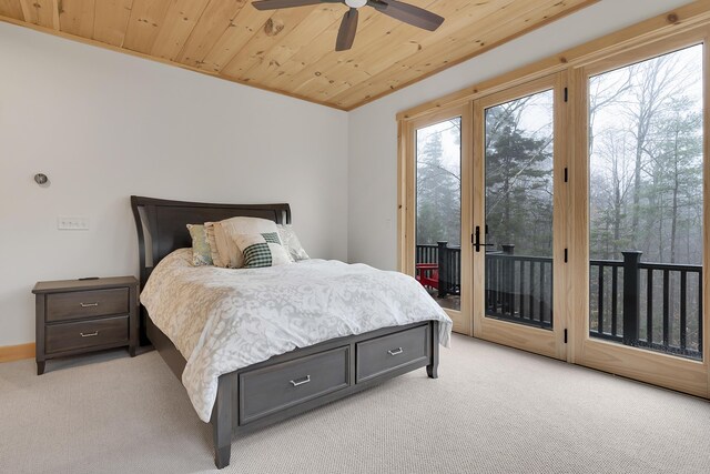 100 Morganite Way, Newry, ME 04261 - bedroom with light colored carpet, wood ceiling, access to outside, baseboards, and a ceiling fan