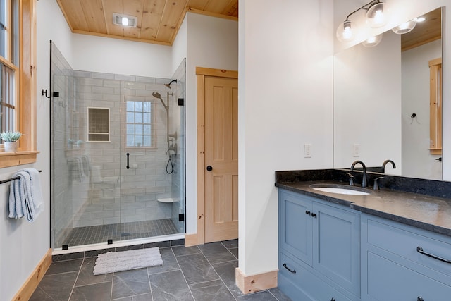 bathroom with vanity, wood ceiling, and a shower with door