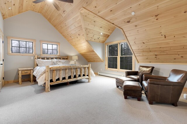 100 Morganite Way, Newry, ME 04261 - bedroom with wooden ceiling, carpet flooring, vaulted ceiling, a baseboard heating unit, and baseboards