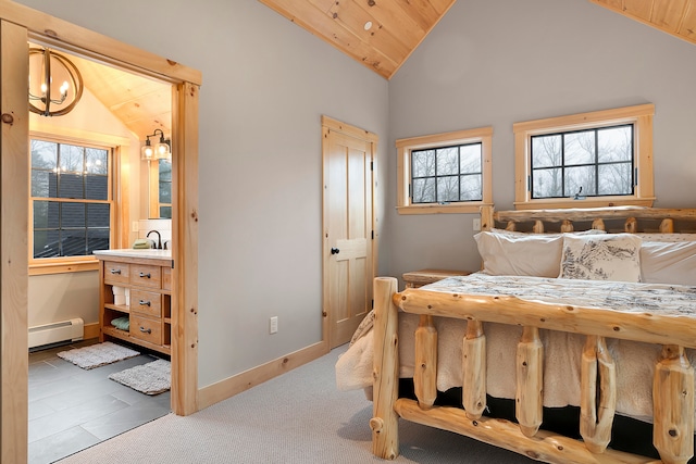 bedroom with carpet floors, high vaulted ceiling, wooden ceiling, and a baseboard radiator