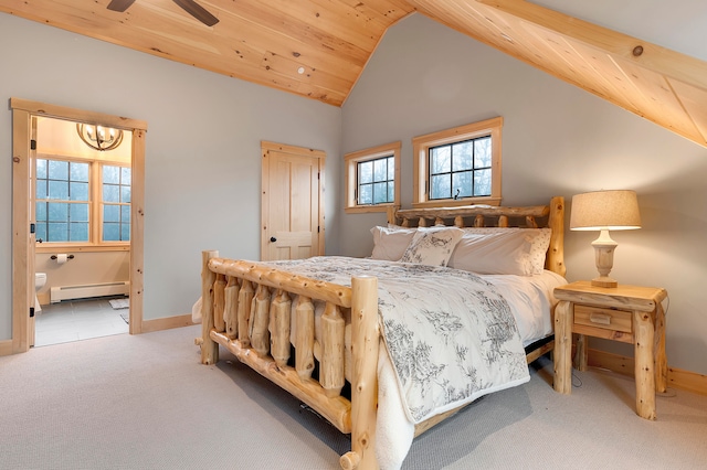 carpeted bedroom with wood ceiling, a baseboard heating unit, ceiling fan with notable chandelier, and vaulted ceiling