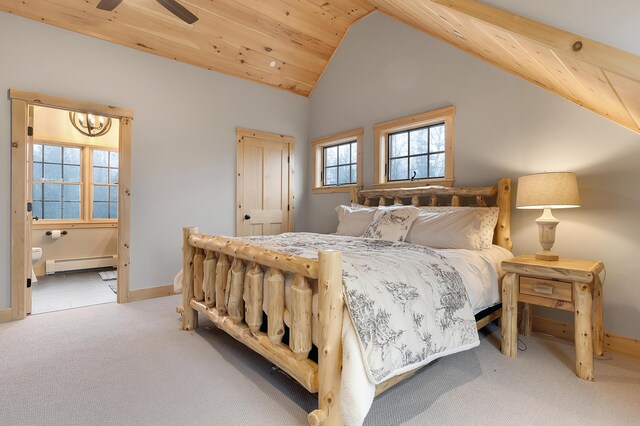 100 Morganite Way, Newry, ME 04261 - carpeted bedroom with a baseboard heating unit, lofted ceiling, wooden ceiling, a chandelier, and ensuite bathroom