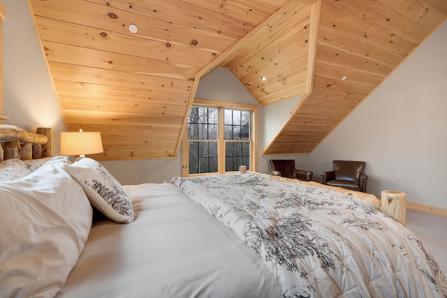 carpeted bedroom with wooden ceiling and lofted ceiling