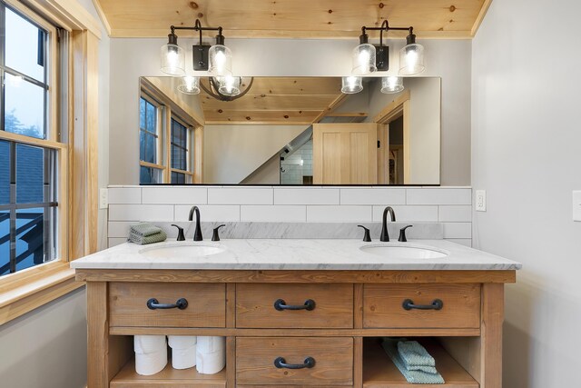 100 Morganite Way, Newry, ME 04261 - bathroom featuring tasteful backsplash, double vanity, ornamental molding, and wooden ceiling