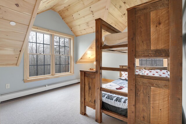 100 Morganite Way, Newry, ME 04261 - bedroom with a baseboard radiator, carpet flooring, lofted ceiling, and wooden ceiling