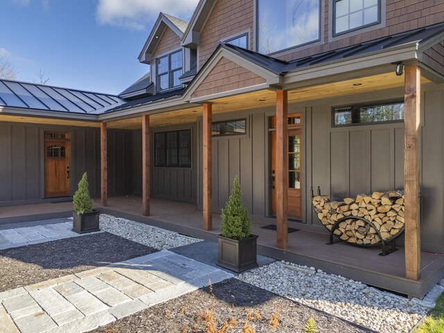 100 Morganite Way, Newry, ME 04261 - property entrance with a standing seam roof, a porch, and metal roof