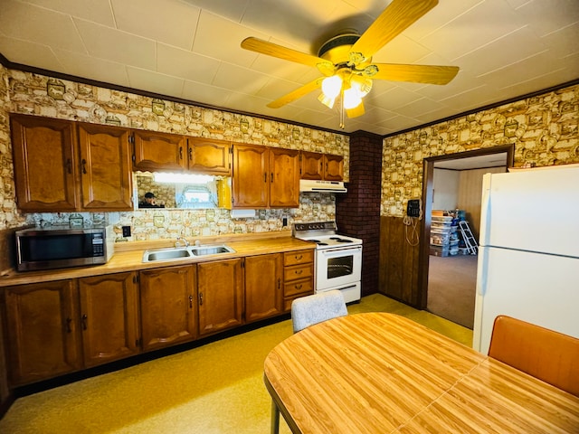 kitchen with light carpet, ceiling fan, ornamental molding, sink, and white appliances