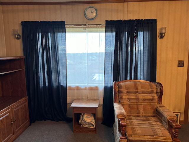 living area with carpet and wooden walls