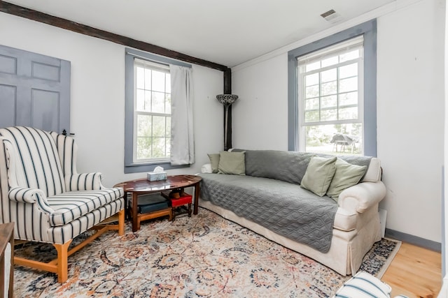 living room with crown molding, wood-type flooring, and a wealth of natural light