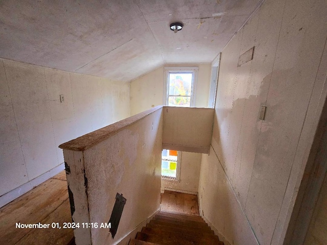 staircase with lofted ceiling, hardwood / wood-style floors, and plenty of natural light