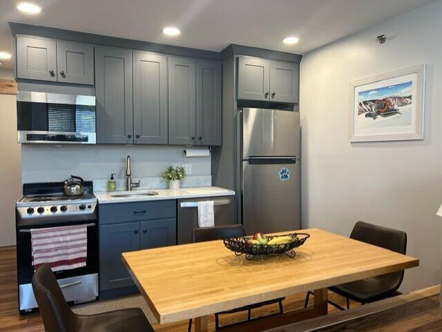 kitchen with sink, appliances with stainless steel finishes, and dark hardwood / wood-style floors