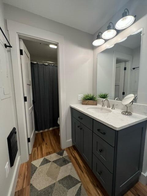 bathroom with vanity, hardwood / wood-style floors, and toilet