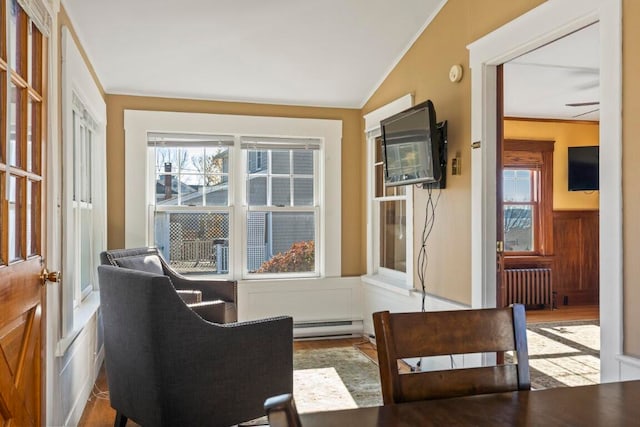 living area featuring light hardwood / wood-style floors, radiator, ceiling fan, lofted ceiling, and a baseboard radiator