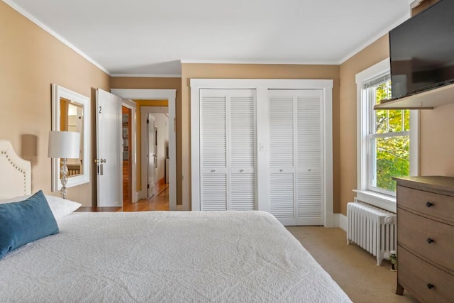 bedroom with multiple closets, light colored carpet, multiple windows, and radiator