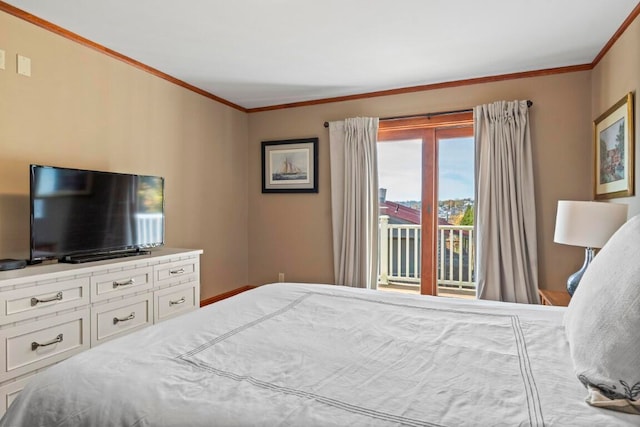 bedroom featuring crown molding and access to outside