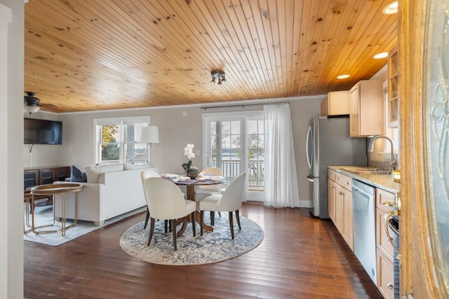 dining room with dark wood-type flooring, wooden ceiling, sink, and ornamental molding