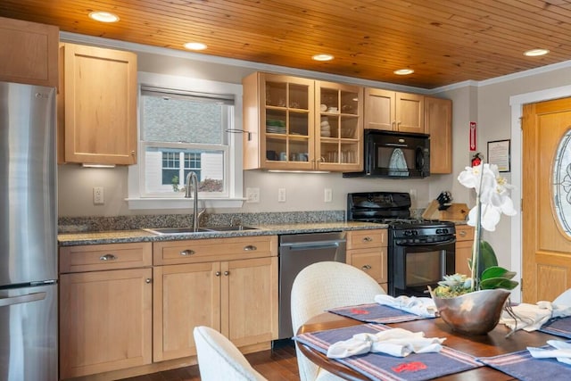 kitchen featuring black appliances, crown molding, light brown cabinets, sink, and wooden ceiling