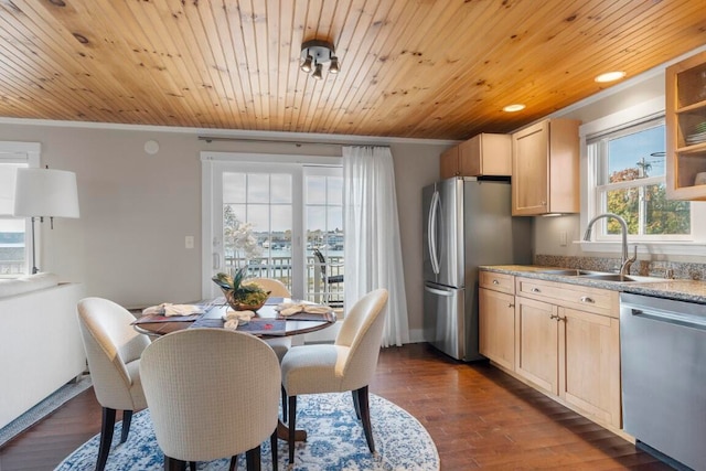 dining room with dark hardwood / wood-style floors, wood ceiling, sink, and crown molding