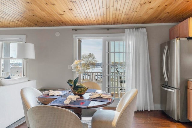 dining area featuring wooden ceiling, dark hardwood / wood-style floors, and crown molding