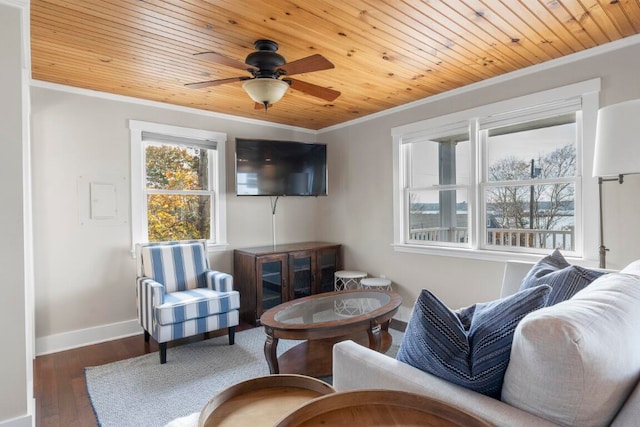 sitting room with ceiling fan, dark hardwood / wood-style floors, wood ceiling, and crown molding