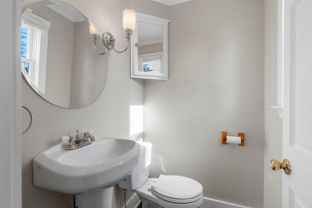 bathroom featuring toilet, sink, and ornamental molding