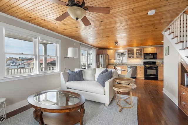 living room with ornamental molding, dark hardwood / wood-style flooring, sink, and wood ceiling