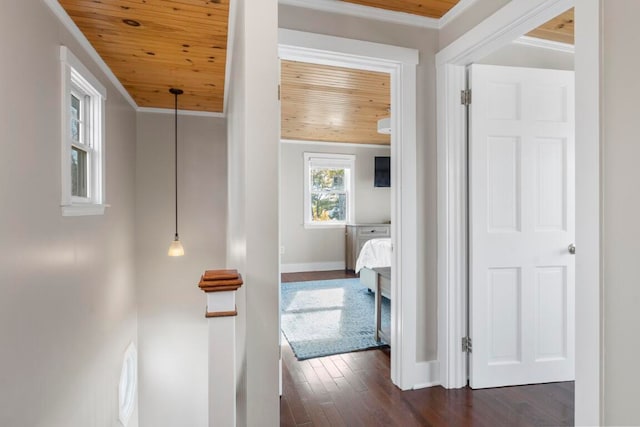 hallway featuring wood ceiling, dark hardwood / wood-style floors, and crown molding