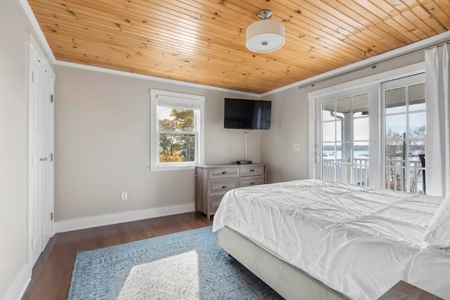 bedroom with dark wood-type flooring, wooden ceiling, ornamental molding, and access to exterior