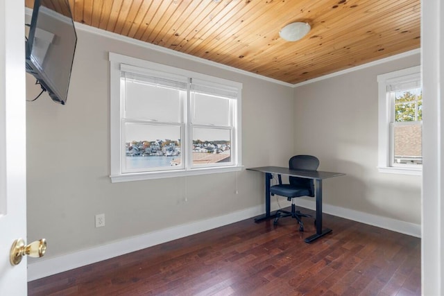 office area with wooden ceiling, dark hardwood / wood-style floors, and crown molding