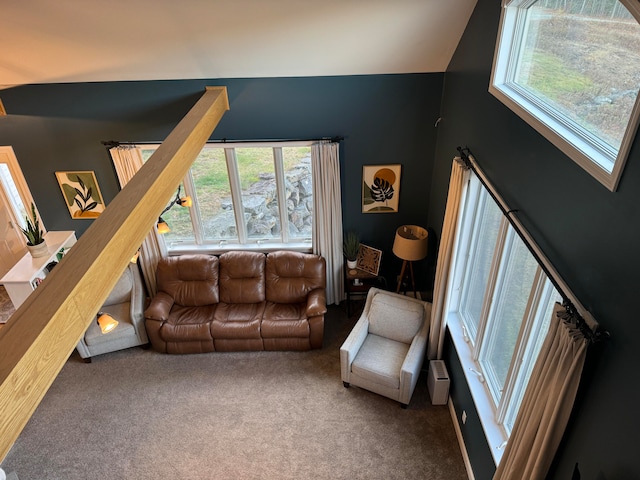 living room featuring carpet and vaulted ceiling