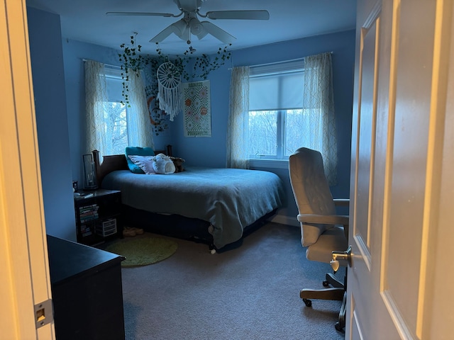 bedroom with carpet floors and ceiling fan