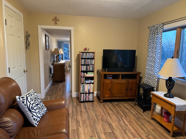 living room featuring a textured ceiling and hardwood / wood-style flooring