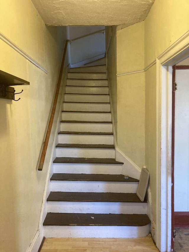 stairs with hardwood / wood-style flooring