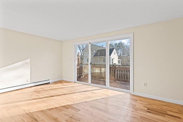 unfurnished room with light wood-type flooring and a baseboard radiator