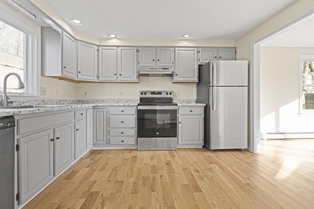 kitchen with light hardwood / wood-style floors, sink, appliances with stainless steel finishes, and a baseboard radiator