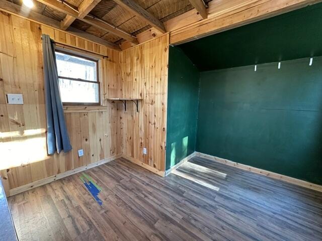 spare room with wood ceiling, wood-type flooring, beamed ceiling, and wooden walls