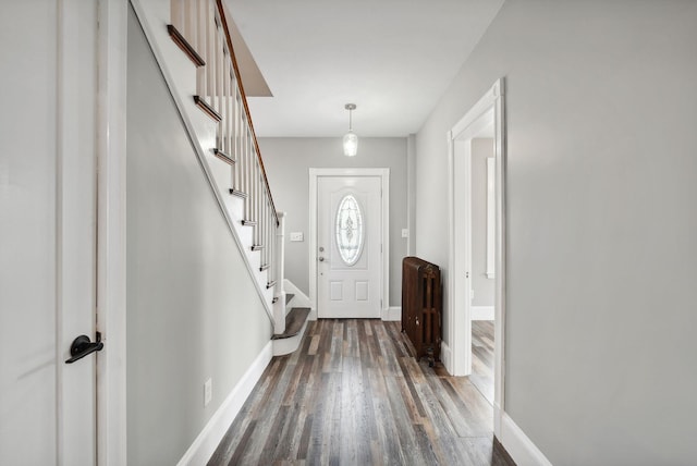 entrance foyer featuring radiator heating unit and dark hardwood / wood-style floors