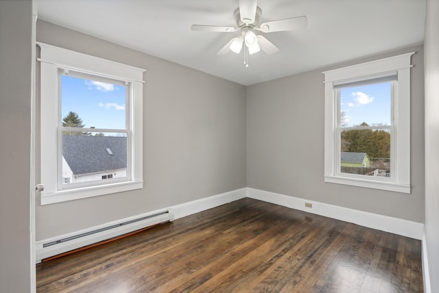 unfurnished room featuring ceiling fan, plenty of natural light, a baseboard radiator, and dark hardwood / wood-style floors