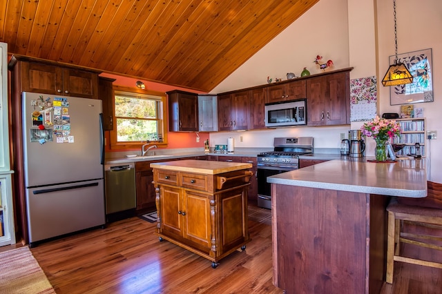 58 Wheeler Hill Rd, Phillips, ME 04966 - kitchen with appliances with stainless steel finishes, high vaulted ceiling, a peninsula, wood finished floors, and a sink