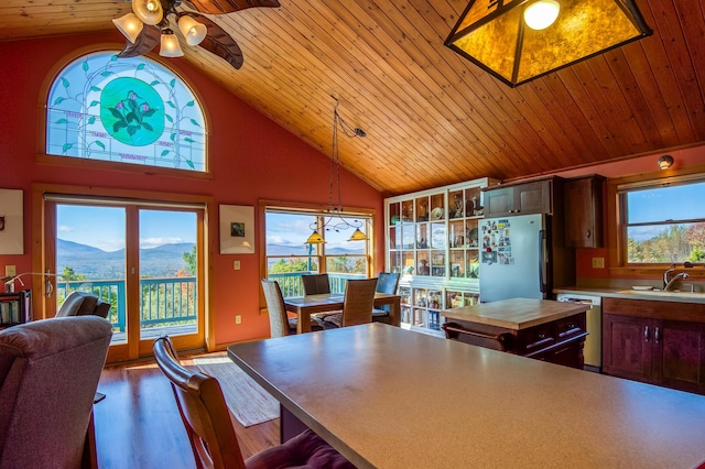 58 Wheeler Hill Rd, Phillips, ME 04966 - kitchen with appliances with stainless steel finishes, a sink, wood finished floors, a ceiling fan, and high vaulted ceiling