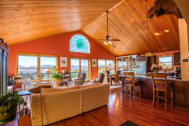 58 Wheeler Hill Rd, Phillips, ME 04966 - living area featuring a ceiling fan, wood ceiling, high vaulted ceiling, and wood finished floors